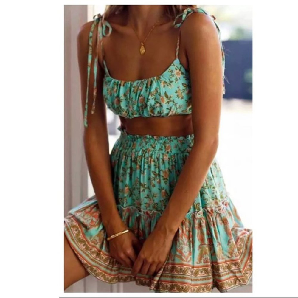 BOHO CHARMED LIFE-2 PC Crop Top / Mini Ruffle Skirt Set - Picture 2 of 6